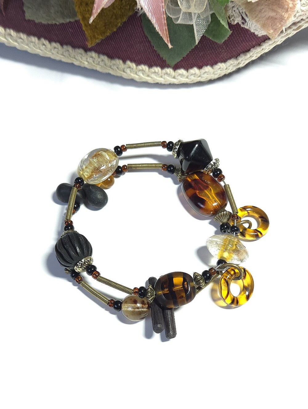 Handmade Lampwork Beads Leopard Strip Glass Bead & Cirtrine Stone Wrap Bracelet